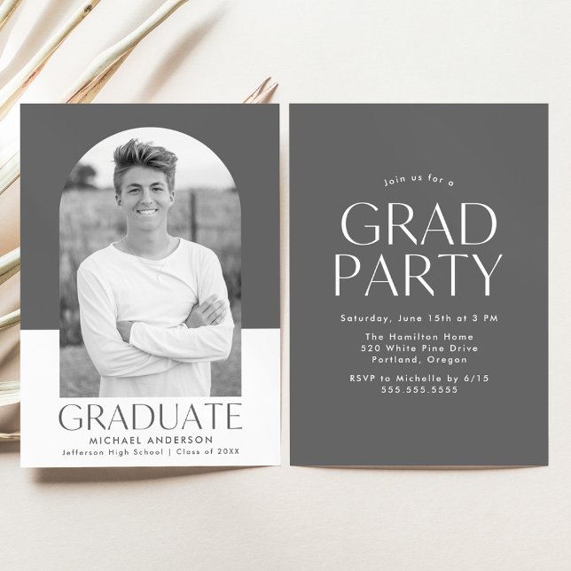 Modern Arch Gray Color Block Graduation Party Invitation (Creator Uploaded)