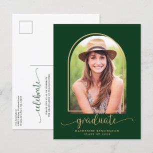Modern Arch Green Gold Photo Graduation Party  Announcement Postcard