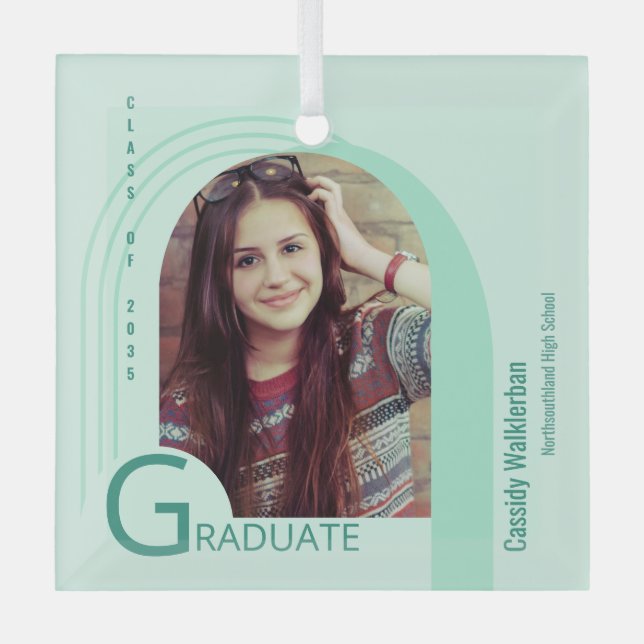 Modern Arch Green Photo Graduation Glass Tree Decoration (Front)