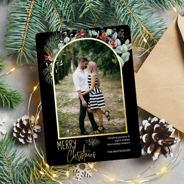 Modern Arch Greenery Merry Christmas Photo Foil Holiday Card (You will love these beautiful Christmas cards! They feature botanical watercolor pine and berries.)