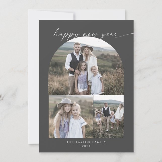 Modern Arch | Grey New Year Photo Collage Family Holiday Card (Front)