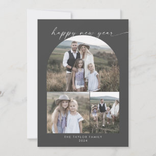 Modern Arch   Grey New Year Photo Collage Family Holiday Card