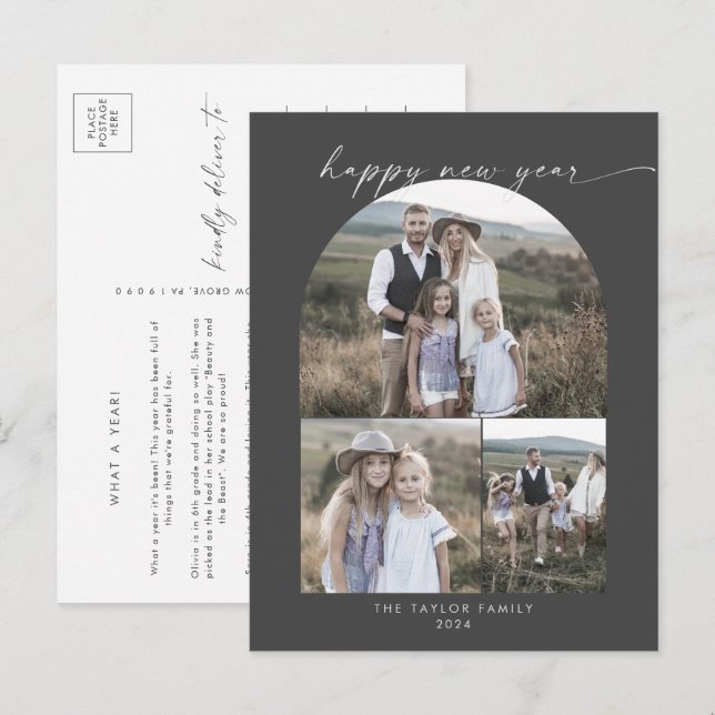 Modern Arch | Grey Photo Collage Family New Years Holiday Postcard (Front/Back)