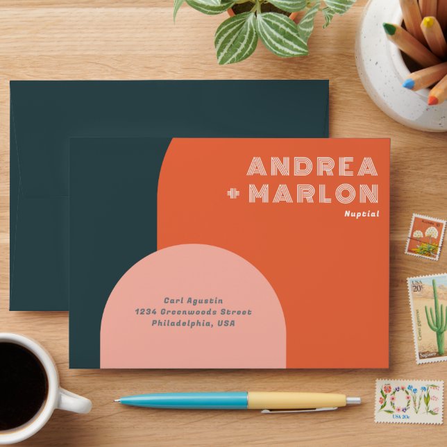 Modern Arch Groovy Retro Wedding Envelope (Desk)