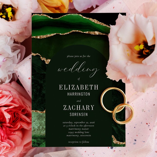 Modern Arch Hunter Green Gold Agate Wedding Invitation (Creator Uploaded)