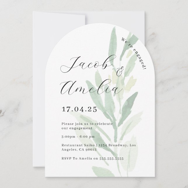 Modern Arch Leaf Engagement Party   Invitation (Front)