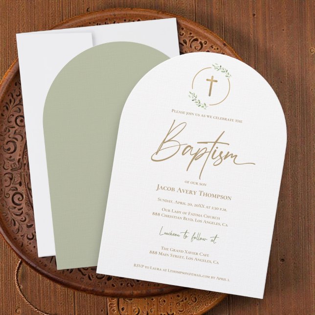 Modern Arch leaf Wreath Gilded Gold Cross Baptism Invitation (Baptism Gold Cross and watercolor botanical green wreath arch invitation.)
