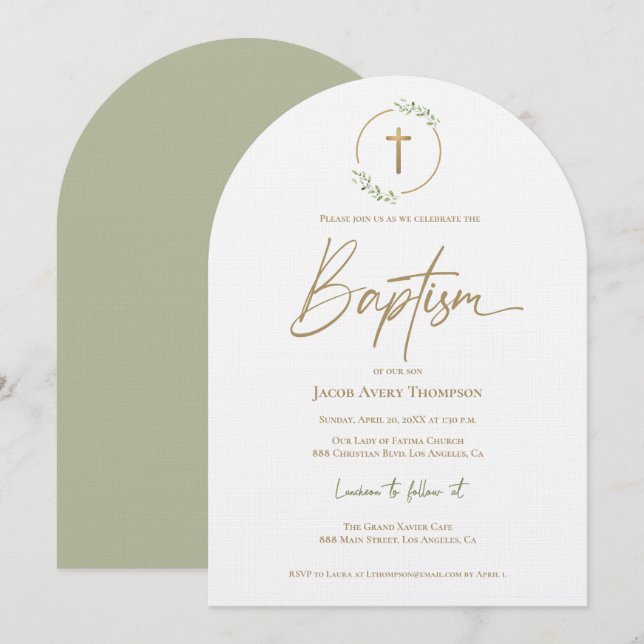 Modern Arch leaf Wreath Gilded Gold Cross Baptism Invitation (Front/Back)