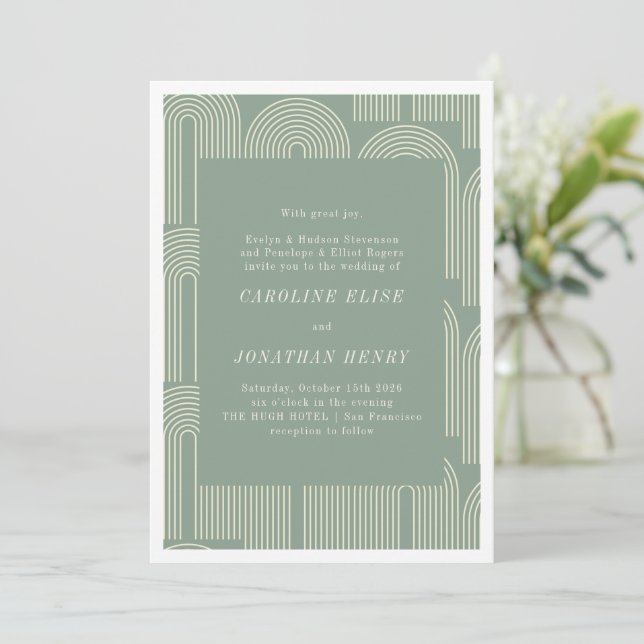 Modern Arch Line Art Sage Green Formal Wedding Invitation (Standing Front)