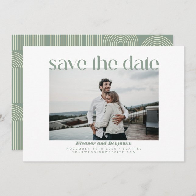 Modern Arch Line Art Sage Green Photo Wedding  Save The Date (Front/Back)