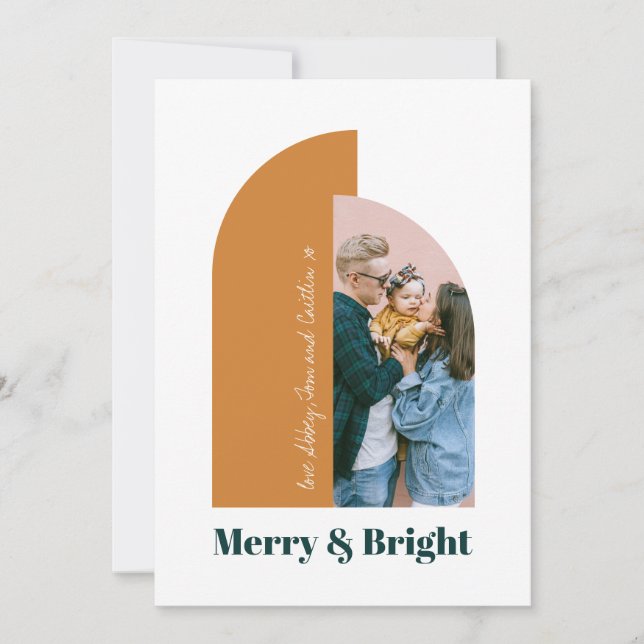 Modern Arch Merry Bright Christmas Family Photo Holiday Card (Front)