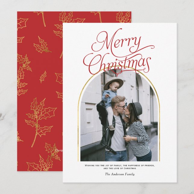 Modern arch merry christmas greeting photo holiday card (Front/Back)