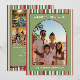 Modern Arch Multi-Photo Family Red & Green Stripes Holiday Card