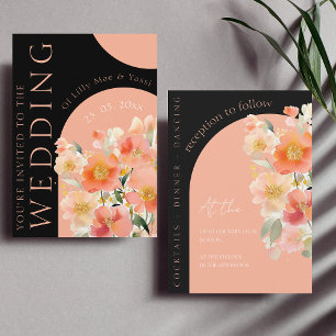  Modern Arch Orange Peach and Black Floral Wedding Invitation