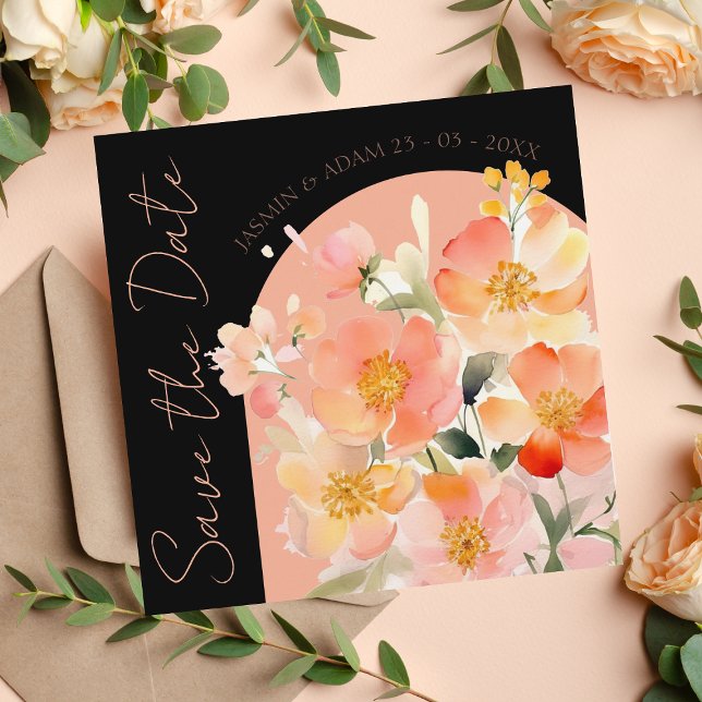Modern Arch Orange Peach and Black Floral Wedding Save The Date (Creator Uploaded)