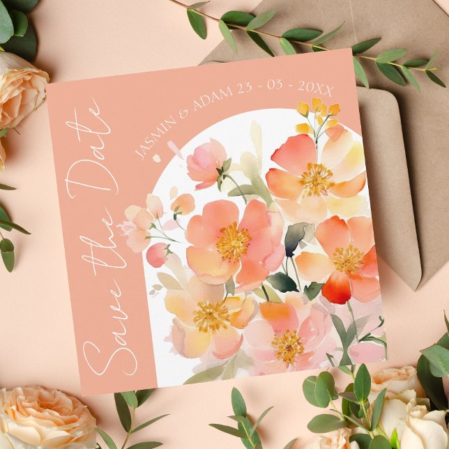Modern Arch Orange Peach Floral Wedding Save The Date (Creator Uploaded)