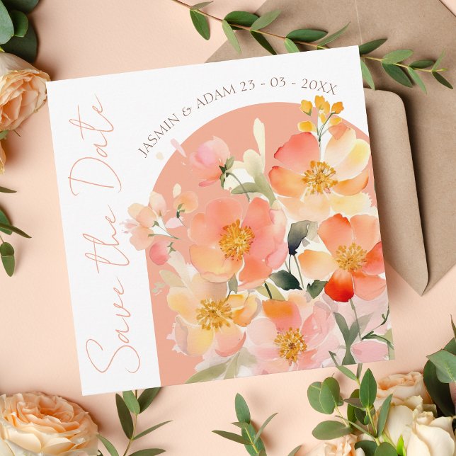 Modern Arch Orange Peach Floral Wedding Save The Date (Creator Uploaded)
