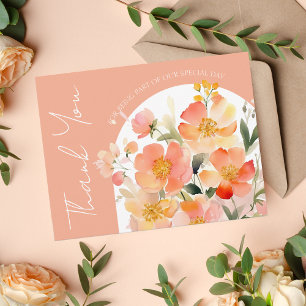 Modern Arch Orange Peach Floral Wedding Thank You Card