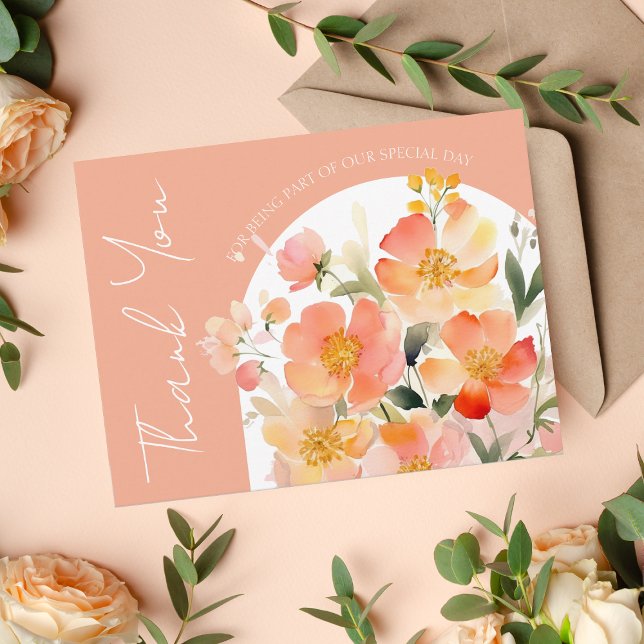 Modern Arch Orange Peach Floral Wedding Thank You Card (Creator Uploaded)