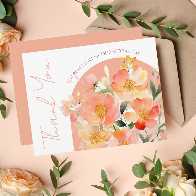 Modern Arch Orange Peach Floral Wedding Thank You Card (Creator Uploaded)