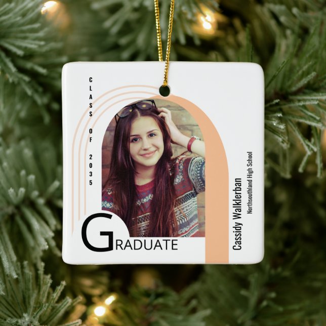 Modern Arch Peach White Photo Graduation Ceramic Ornament (Tree)