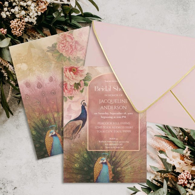 Modern Arch Peacock Peony Flowers Bridal Shower  I Invitation (Creator Uploaded)