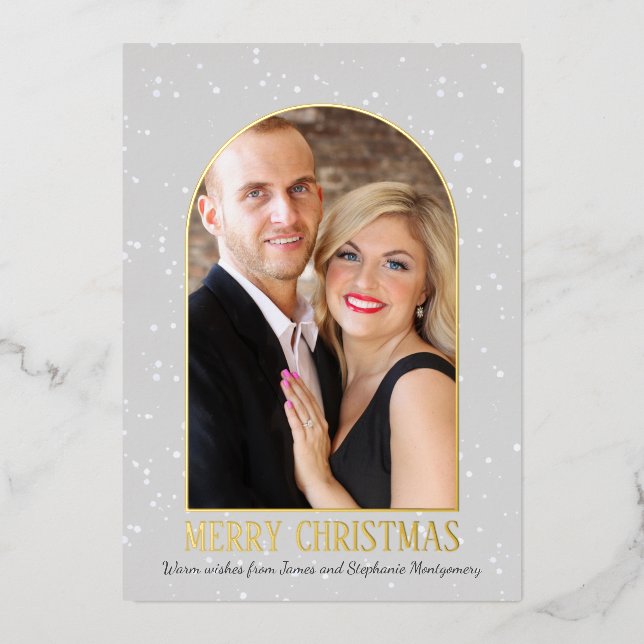 Modern Arch Personalised Photo Merry Christmas Foil Holiday Card (Front)