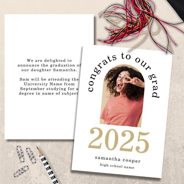 Modern Arch Photo 2025 Graduation Announcement (front and back view)