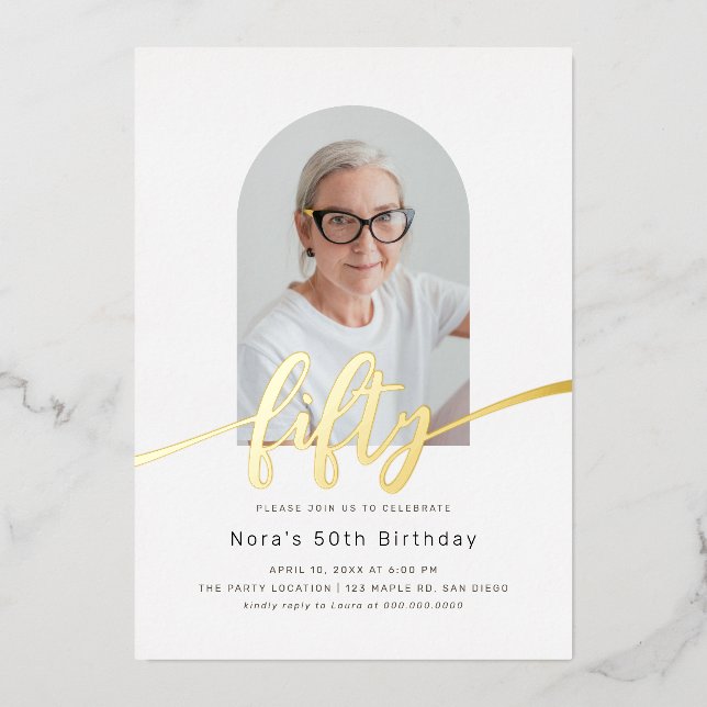 Modern Arch Photo 50th Birthday Foil Invitation (Front)