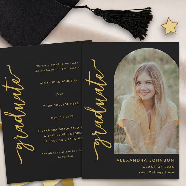 Modern Arch Photo Announcement (Modern trendy black and gold script arch photo graduation announcement card)