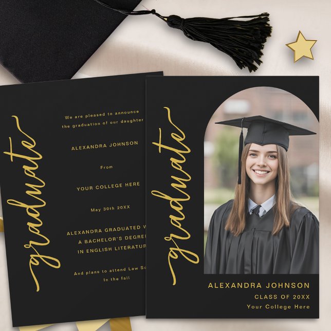Modern Arch Photo Black and Gold Announcement (Modern elegant arch photo graduation announcement card black and gold script minimalist)