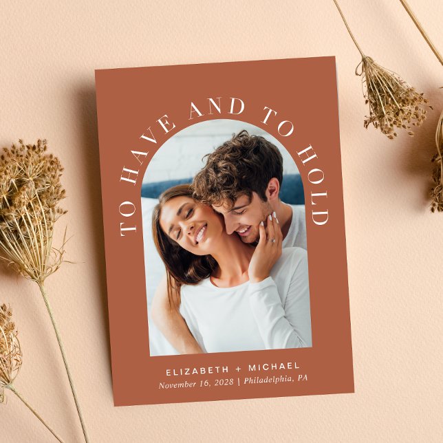 Modern Arch Photo Burnt Orange Wedding Invitation (Celebrate your love story with an invitation showcasing your favorite photo in an elegant arch frame)