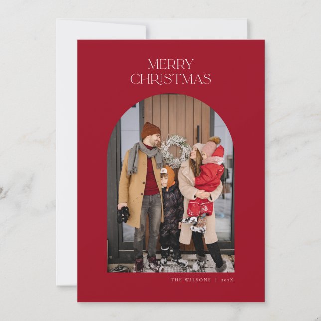 Modern Arch Photo Christmas Card in Red  (Front)