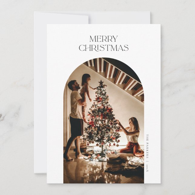 Modern Arch Photo Christmas Card in White (Front)