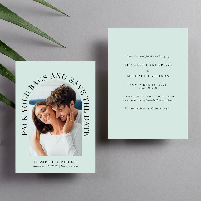 Modern Arch Photo Destination Mint Wedding Save The Date (Celebrate your love story with a save the date showcasing your photo in an elegant arch frame)