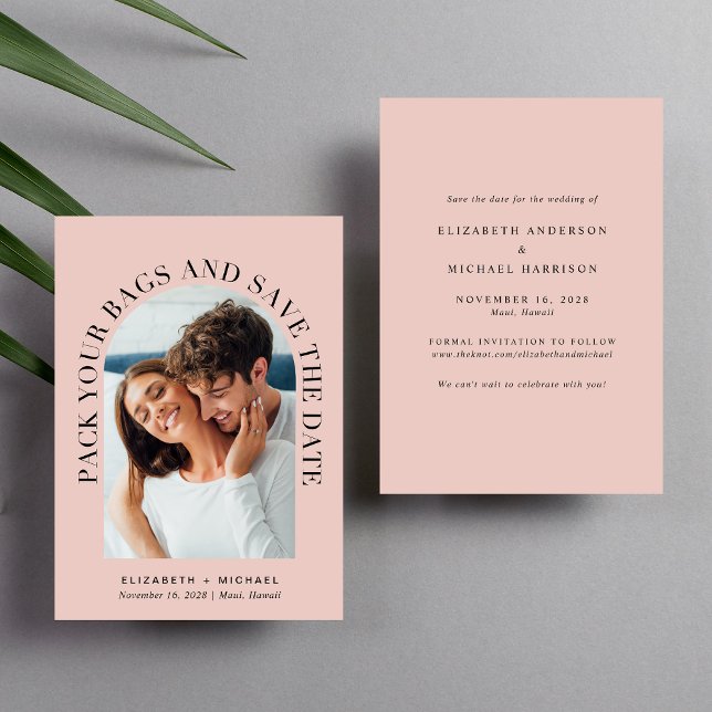 Modern Arch Photo Destination Wedding Blush Save The Date (Celebrate your love story with a save the date showcasing your photo in an elegant arch frame)