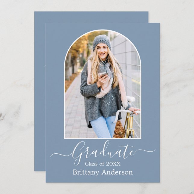 Modern Arch Photo Dusty Blue Graduation Party Invitation (Front/Back)