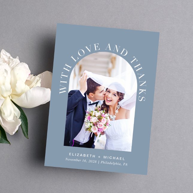 Modern Arch Photo Dusty Blue Wedding Thank You Card (Celebrate your love story with a thank you card showcasing your photo in an elegant arch frame)