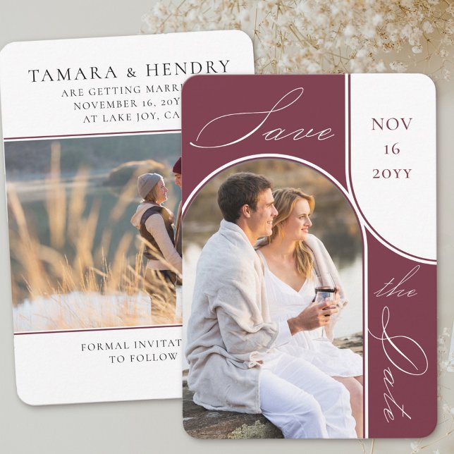 Modern Arch Photo Elegant Calligraphy Burgundy Save The Date (Save the Date with modern arch photo and a second picture on the back. )