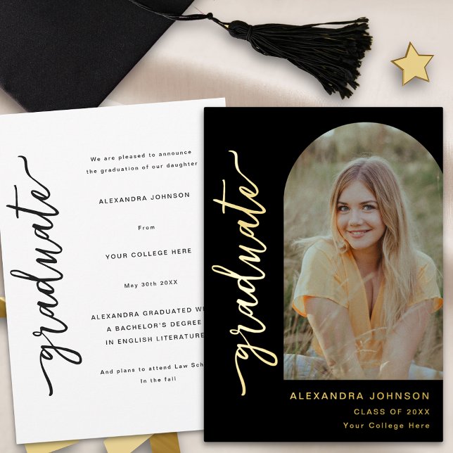 Modern Arch Photo Elegant Gold Script Graduation  (Modern trendy photo arch graduation announcement card elegant chic black and gold foil script)