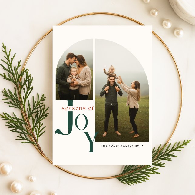 Modern Arch Photo Family Green Script Christmas Holiday Card (Creator Uploaded)