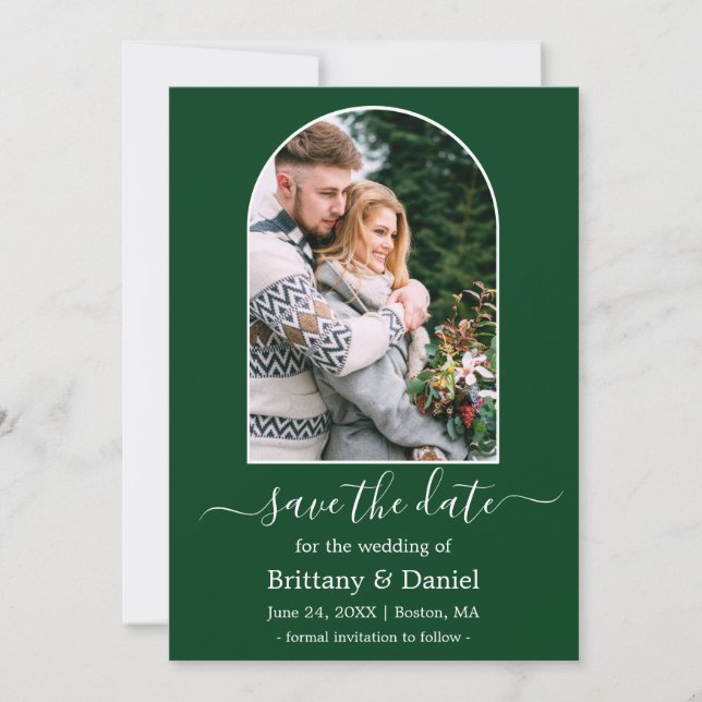Modern Arch Photo Frame Green Save The Date (Front)