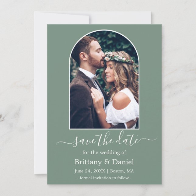 Modern Arch Photo Frame Sage Green Save The Date (Front)
