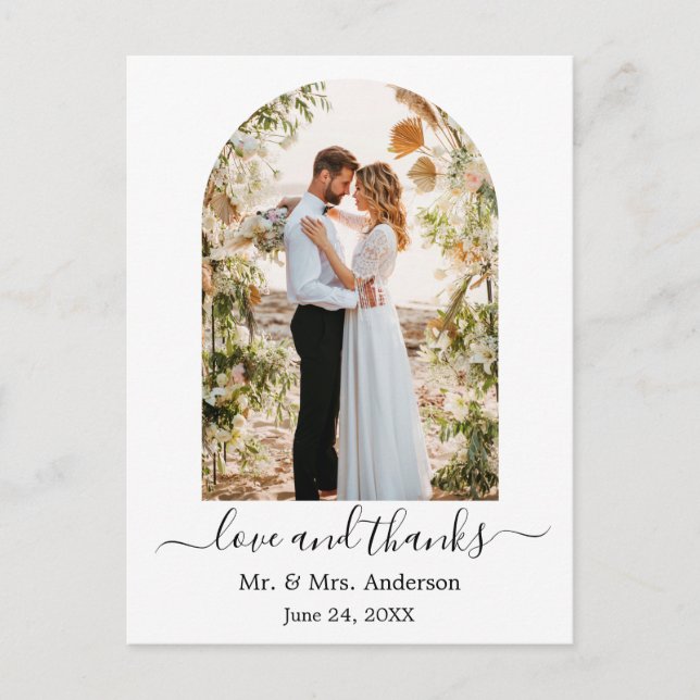 Modern Arch Photo Frame Wedding Love and Thanks Postcard (Front)