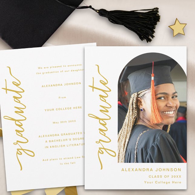 Modern Arch Photo Graduation Announcement (Modern elegant arch photo white and gold script graduation announcement card Stylish trendy chic)