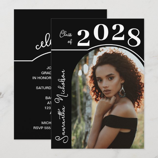 Modern Arch Photo Graduation Black Invitation (Front/Back)