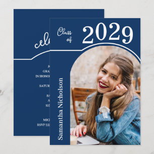 Modern Arch Photo Graduation Blue Invitation