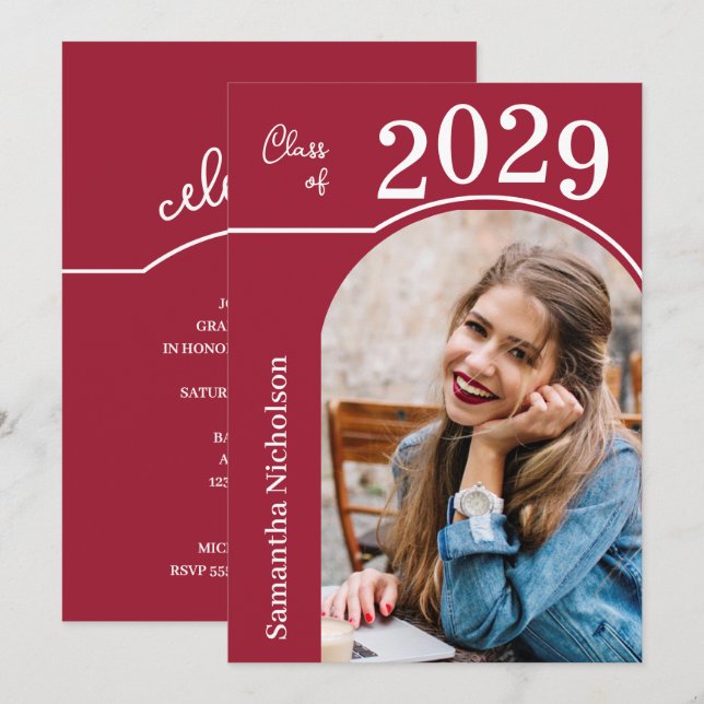 Modern Arch Photo Graduation Crimson Invitation (Front/Back)