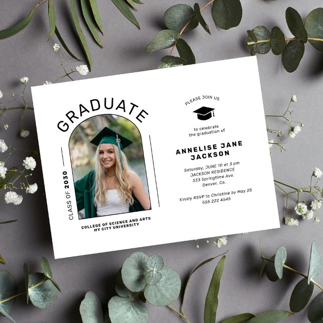 Modern arch photo graduation party invitation postcard (Creator Uploaded)