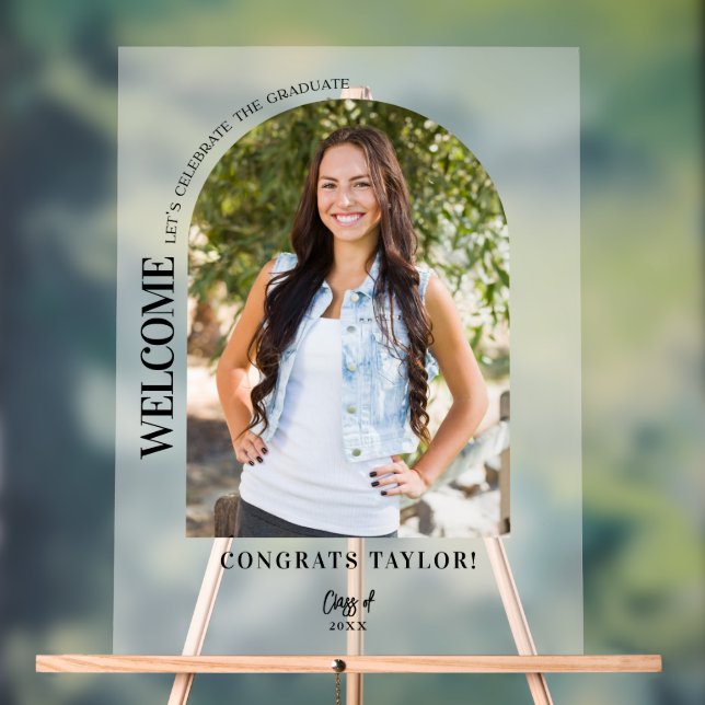 Modern Arch Photo Graduation Party Welcome Frosted Acrylic Sign (Neutral)